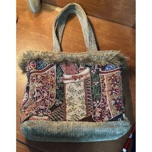 VTG Handmade Tapestry Christmas Tote Bag with Christmas Stockings And Bling
